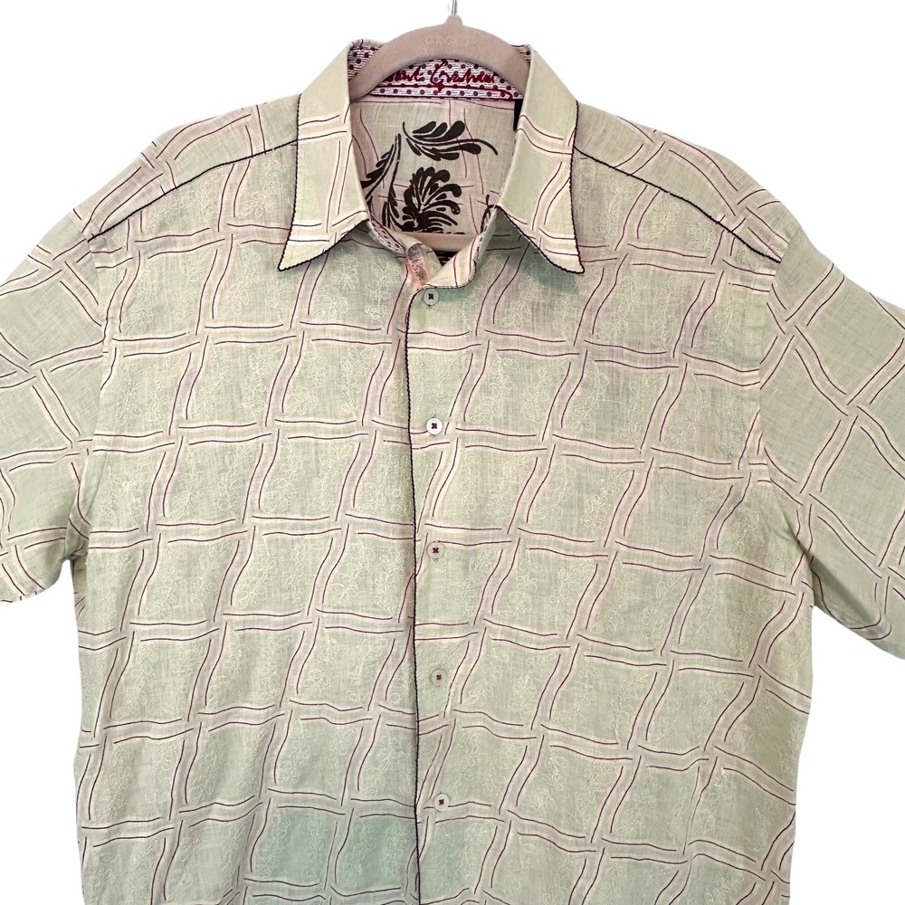 Robert Graham Embroidered Linen Blend Button Down Shirt Green Purple Mens Large - Picture 6 of 15